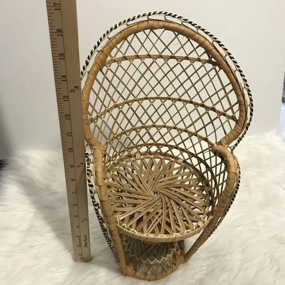 Mini‎ Papasan Boho Doll Chair Whicker Peacock Fan Back Rattan Chair Plant Stand